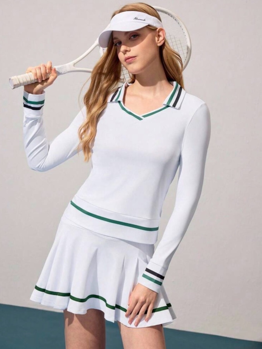 White Sports Top Long Sleeves with Green Stripe Trim